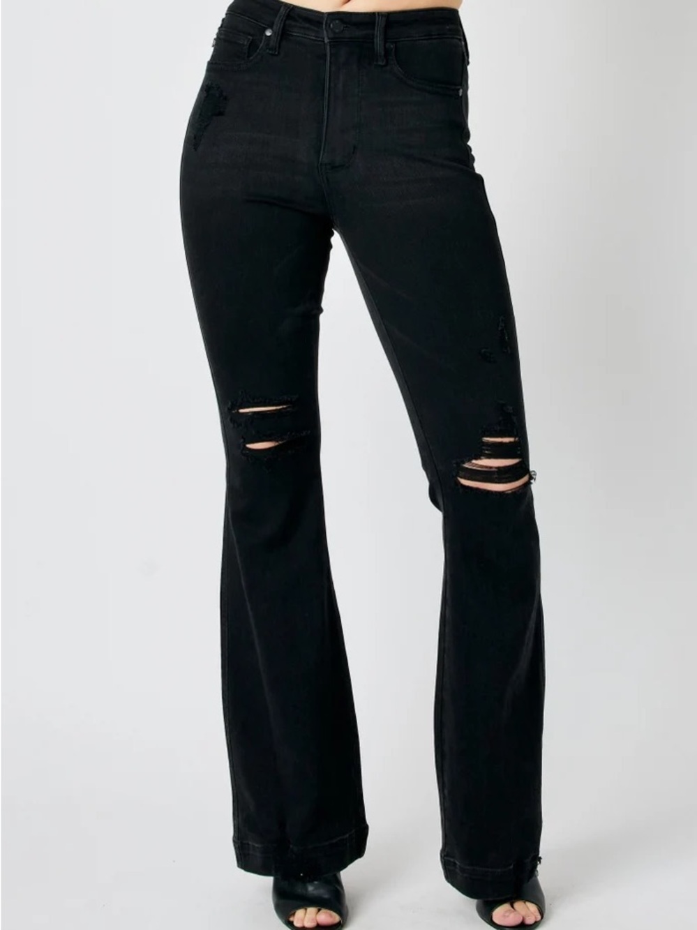 NWOT Judy Blue Black Distressed Flare Jeans High Rise Stretch Size 5/27